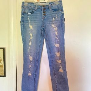 LEI distressed mid rise button fly skinny jeans